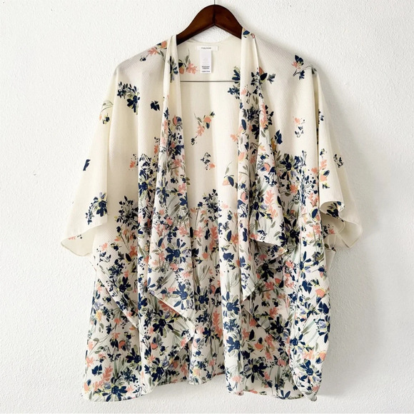 Open Front Cream Ditsy Floral Kimono One Size Boho Chic Flowy Summer Layering - Picture 8 of 8